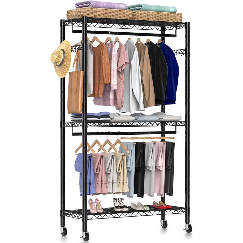 3-Tier Adjustable Garment Clothes Clothing Racks for Hanging Clothes With Shelves Double Rod Clothes Hanger Rack for Closet