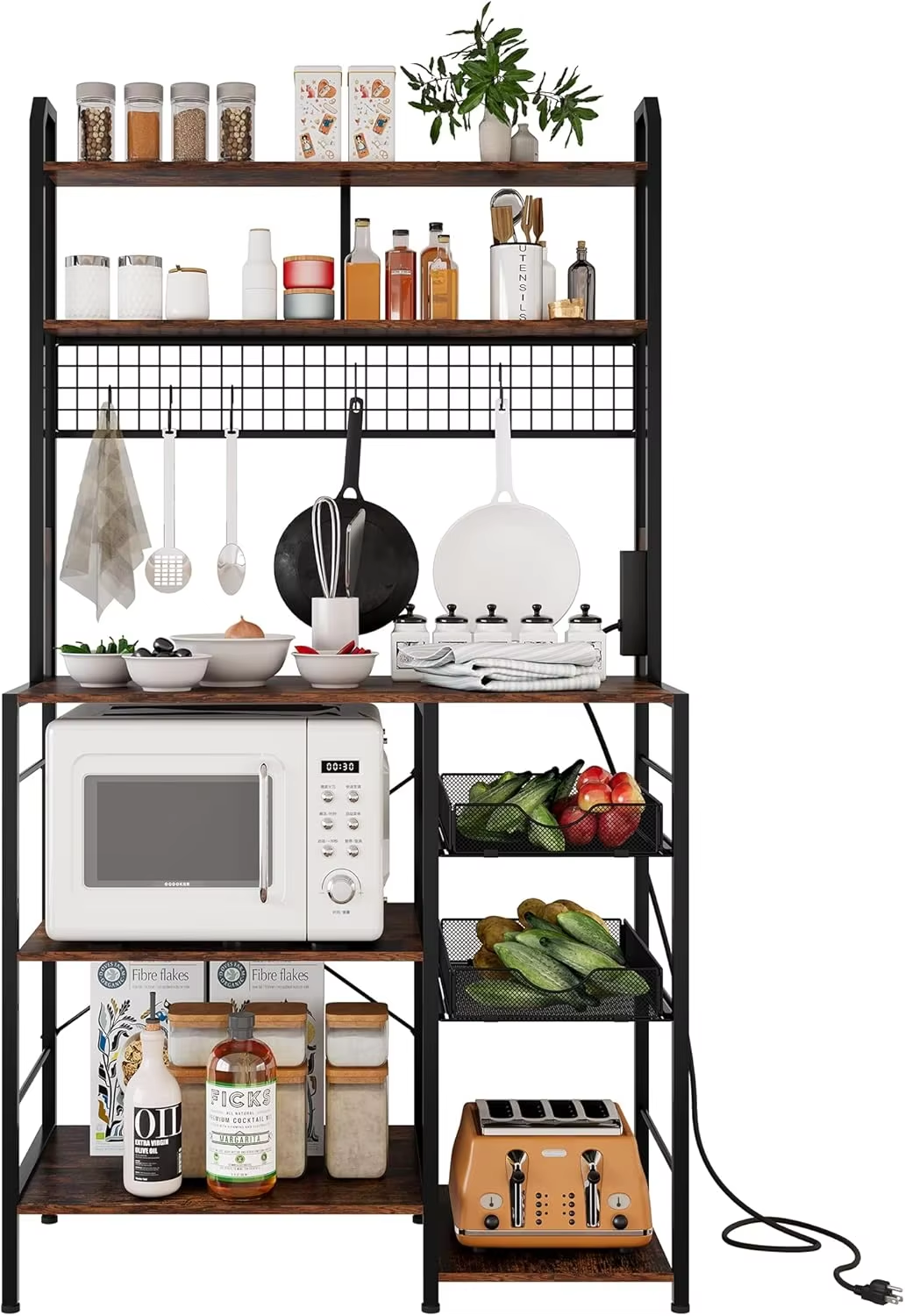 Multi Layer Adjustable Kitchen Storage Rack with Wire Mesh Basket and Hooks Suitable for Storing Seasonings and Kitchen Utensils