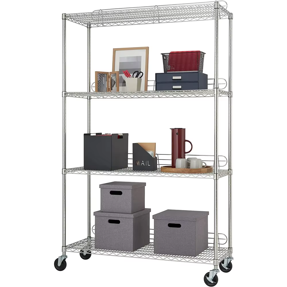 4-layer Adjustable Metal Storage Rack with Wheels and Backrest Used for Kitchen Organization and Garage Shelving