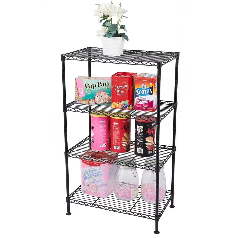 Four Layer Black Metal Storage Rack Bolt Free Heavy-duty Steel Commercial Shelf Suitable for Home Living Room and Kitchen
