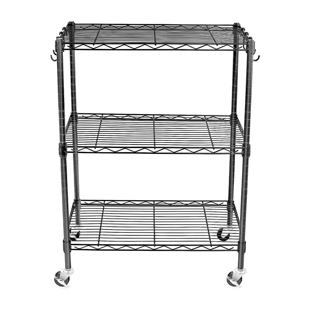 3-layer Black Metal Storage Rack Heavy-duty Metal Adjustable Cable Rack with Wheels Suitable for Home Office Garages