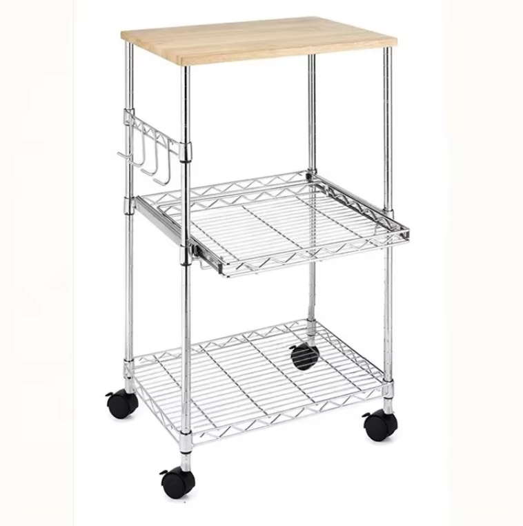 3-layer Steel Wire Rolling Kitchen Handcart and Microwave Storage Rack Chrome Plated Safe Food Handcart