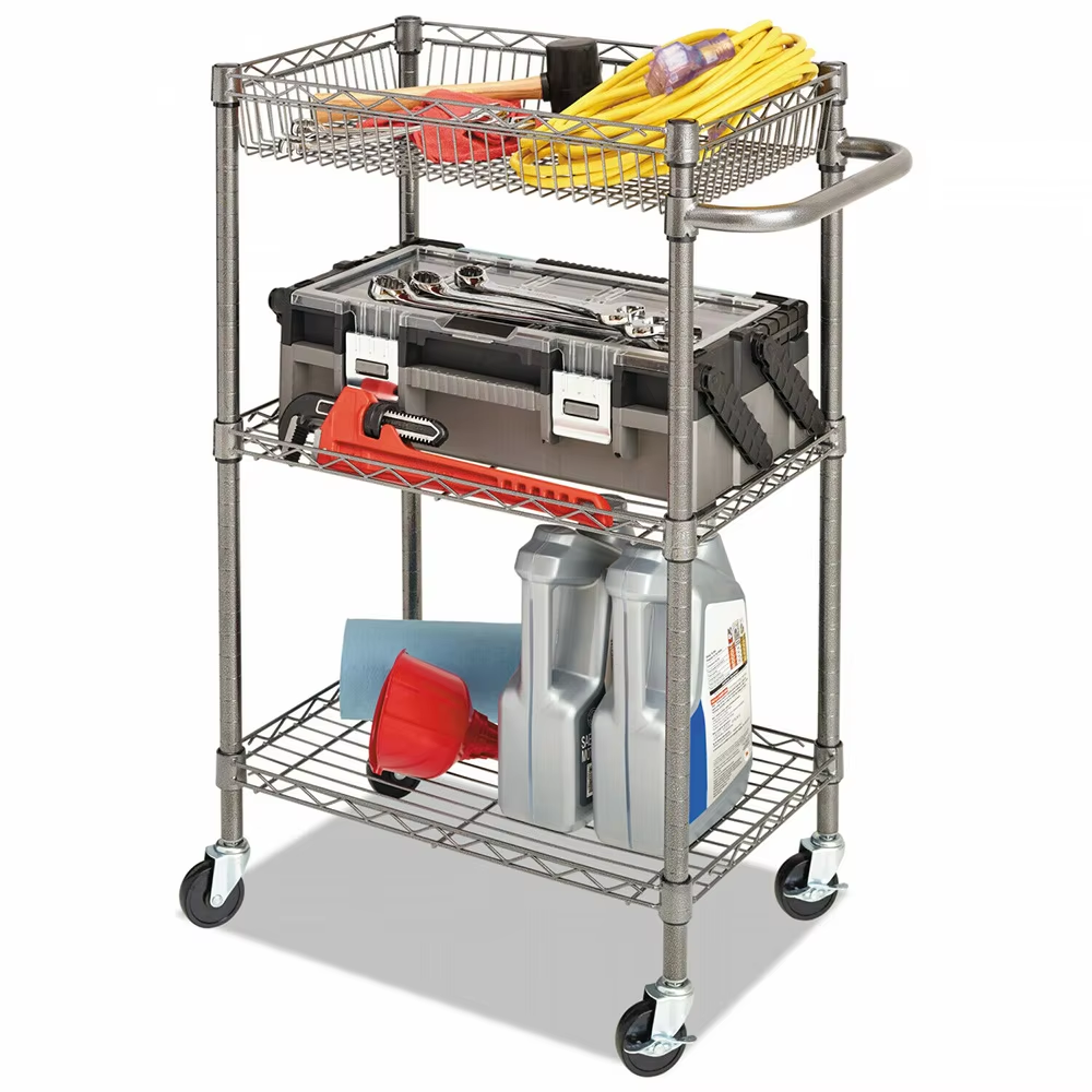 Chrome Plated 4-layer Wire Frame Cart with Basket Wire Kitchen Cart with Wire Mesh Mobile Cart with Locking Wheels