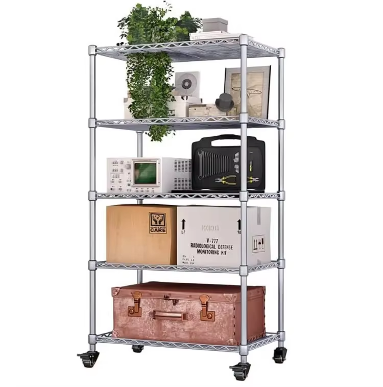 Chrome Plated 5-layer Heavy-duty Wire Mesh Storage Rack with Two Foot Brake Wheels Adjustable Floor Height Suitable for Garages