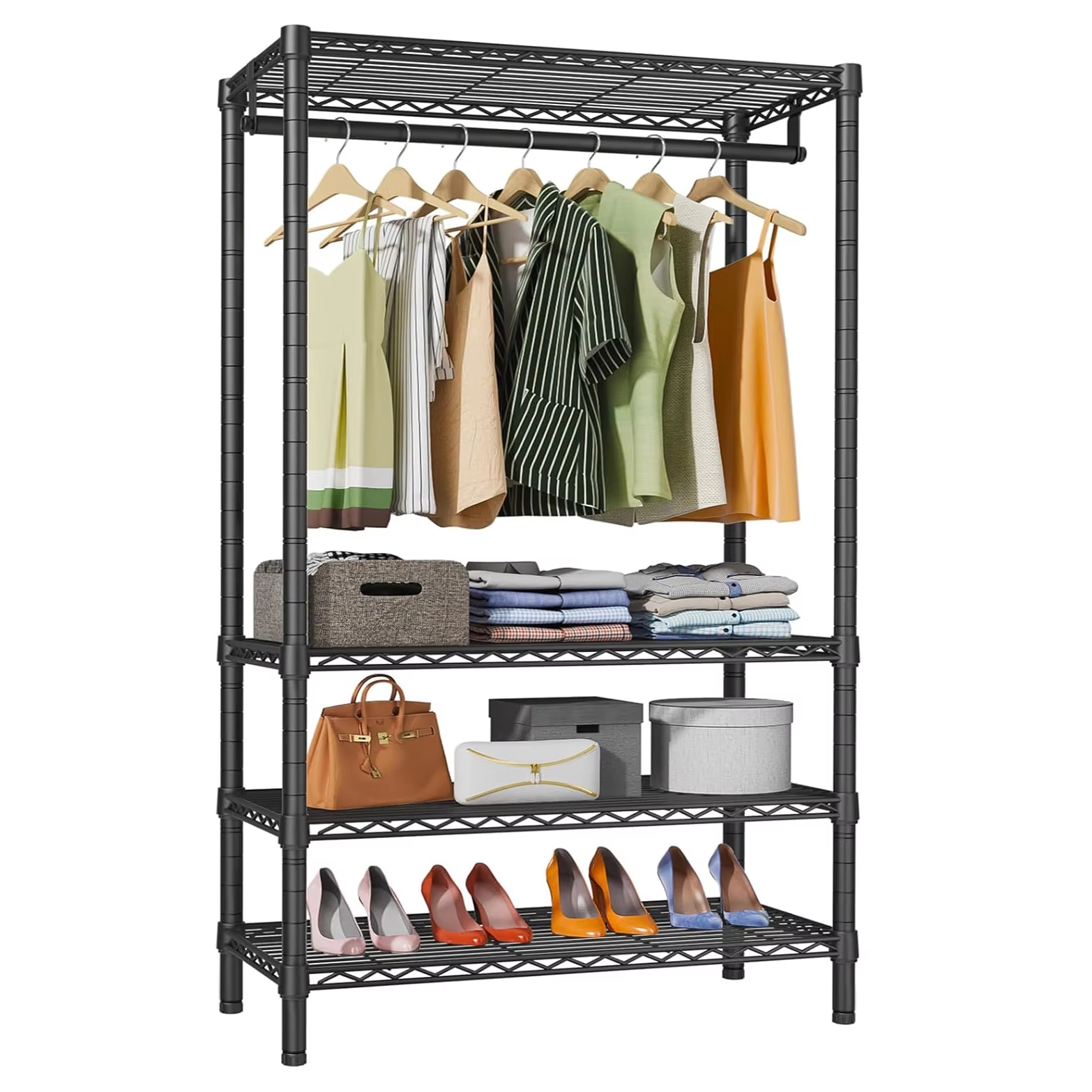 4-layer Black Heavy-duty Clothing Storage Rack Adjustable Wire Mesh Clothing Rack Suitable for Bedrooms and Hotels