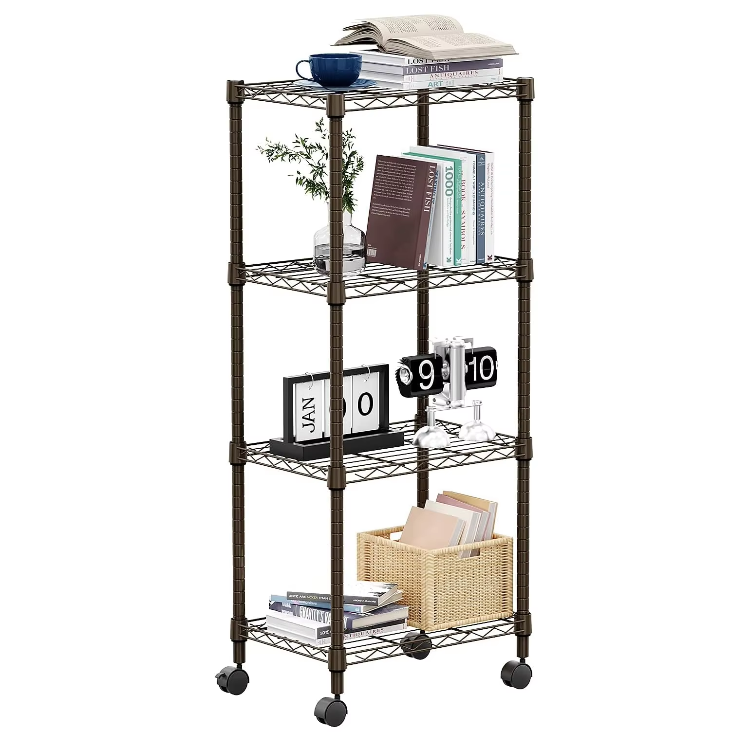 4-layer Black Living Room Storage Rack with Wheels Suitable for Space Saving Wire Storage Rack for Household Organization