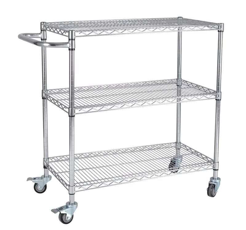 Three Layer Stainless Steel Chrome Plated Wire Mesh Storage Rack with Two Locking Wheels Suitable for Service Organization Work