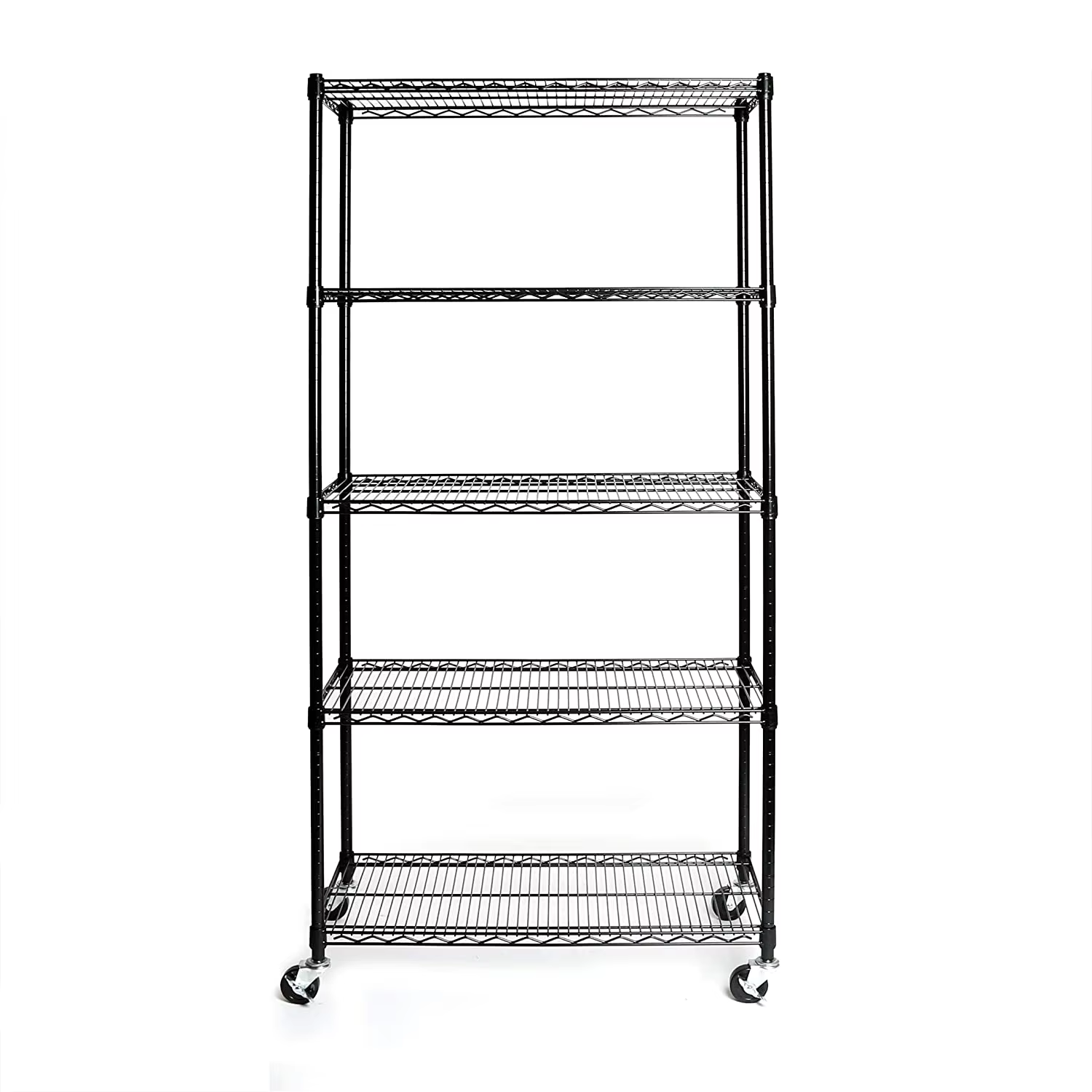 NSF & ISO Certified Epoxy Coating and Chrome Plated Layers Mobile Metal Wire Shelving 5-Tier Casters Steel in Black Wire Shelvin