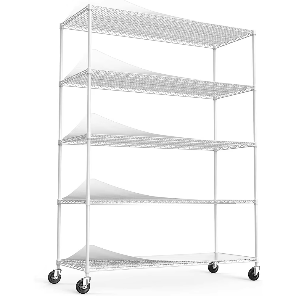 Heavy Duty Adjustable Storage Rack With Wheels & Shelf Liners White 5 Tier 7500lbs Capacity NSF Metal Shelf Wire Shelving Unit