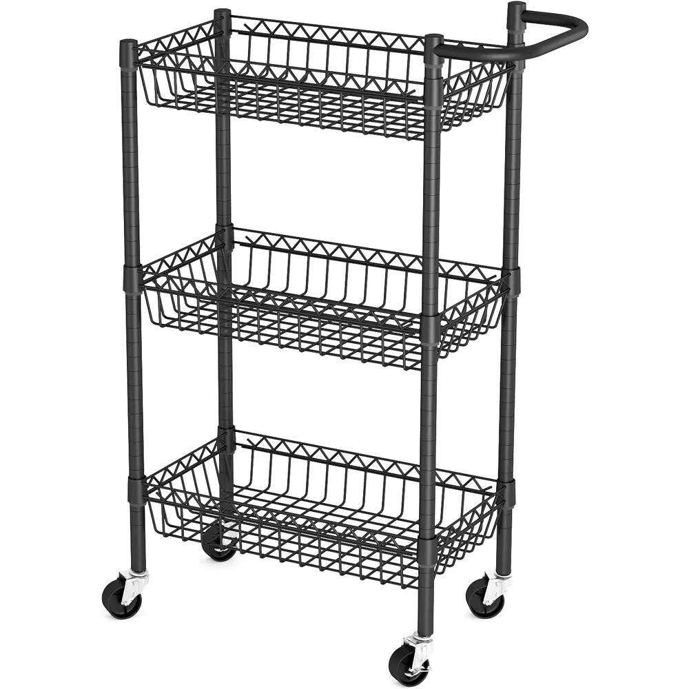 4-layer Stainless Steel Practical Mesh Basket Cart with Handle Black Powder Coating Evenly Distributed Metal Storage Basket Cart