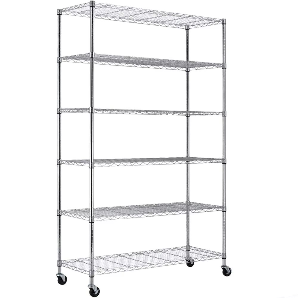 Six Layer Chrome Plated Stainless Steel Wire Mesh Storage Rack with Two Brake Wheels Suitable for Kitchen and Living Room