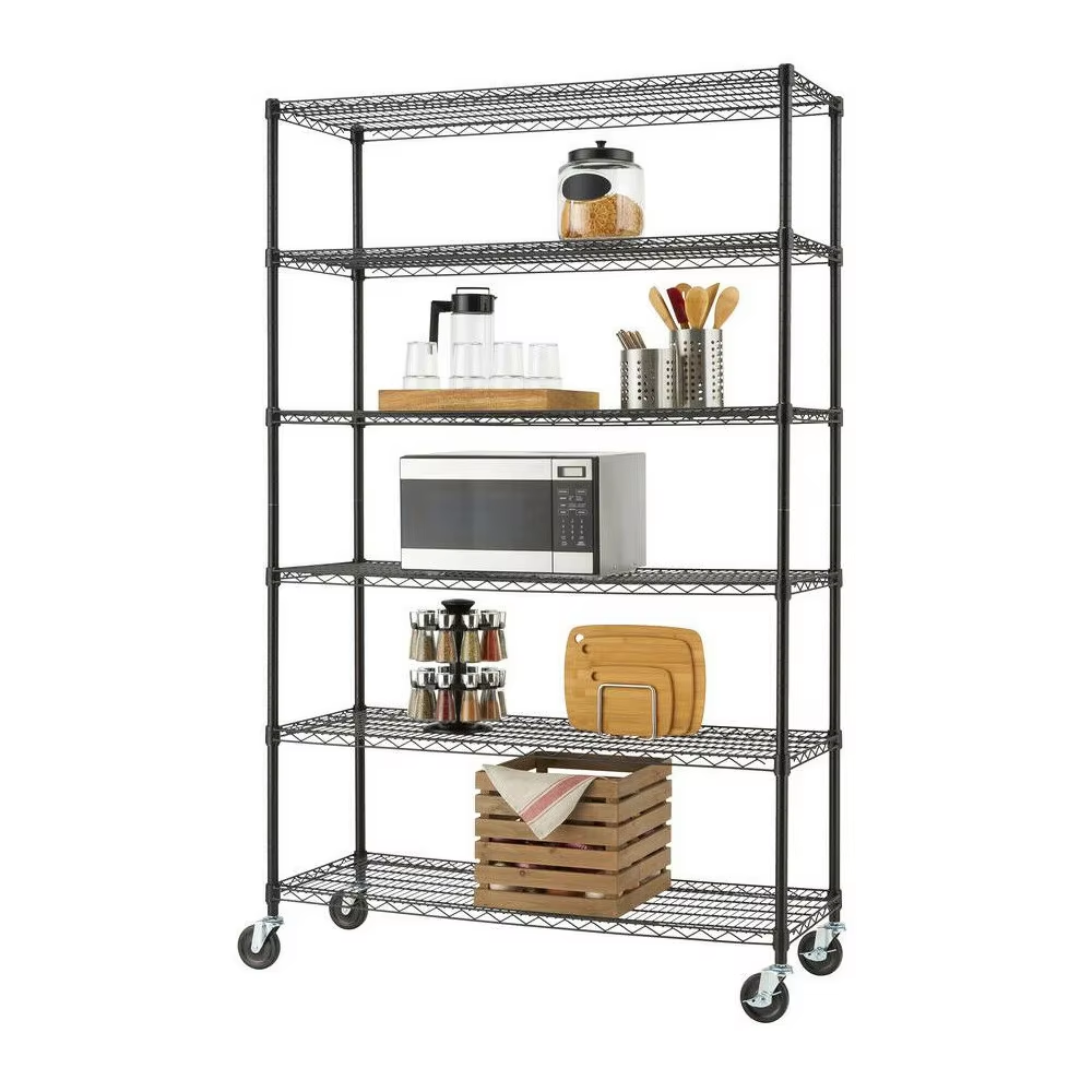 Heavy-Duty 6-Shelf Black Steel Rack with Locking Casters 2000lb Capacity for Kitchen/Garage Organization