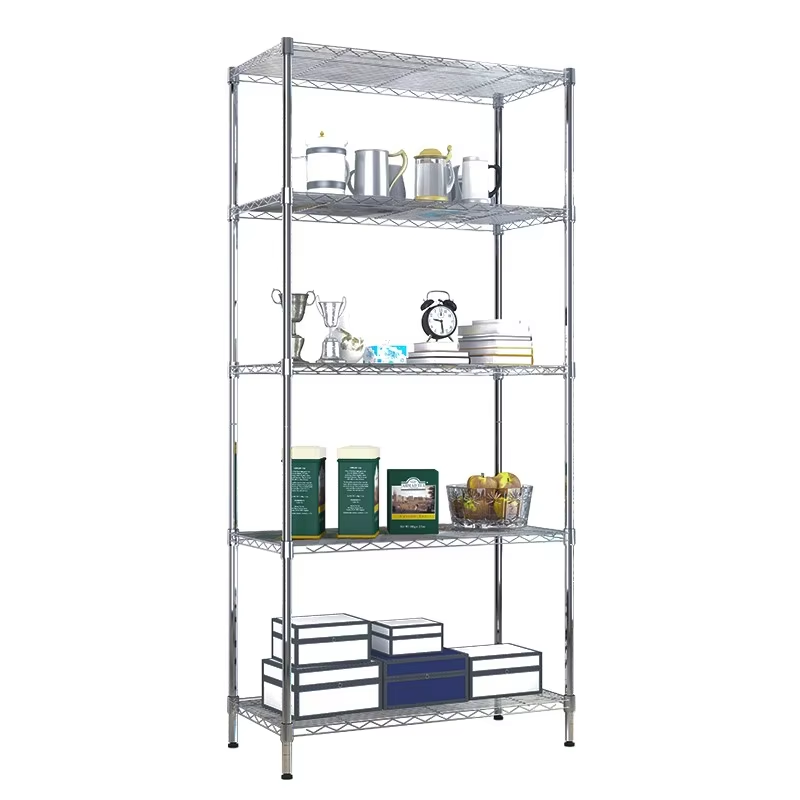 Industrial Grade Five Layer Chrome Plated Steel Wire Rack with Brake Wheels Efficient Office Organization Suitable for Offices