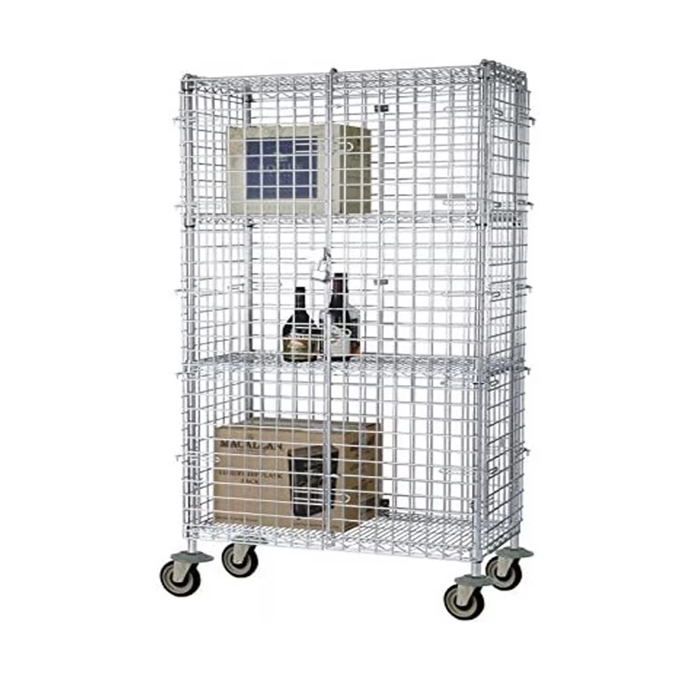 Industrial-Grade Mobile Cart with Chrome Security Cage & 4-Tier Shelves Heavy-Duty Warehouse Transport
