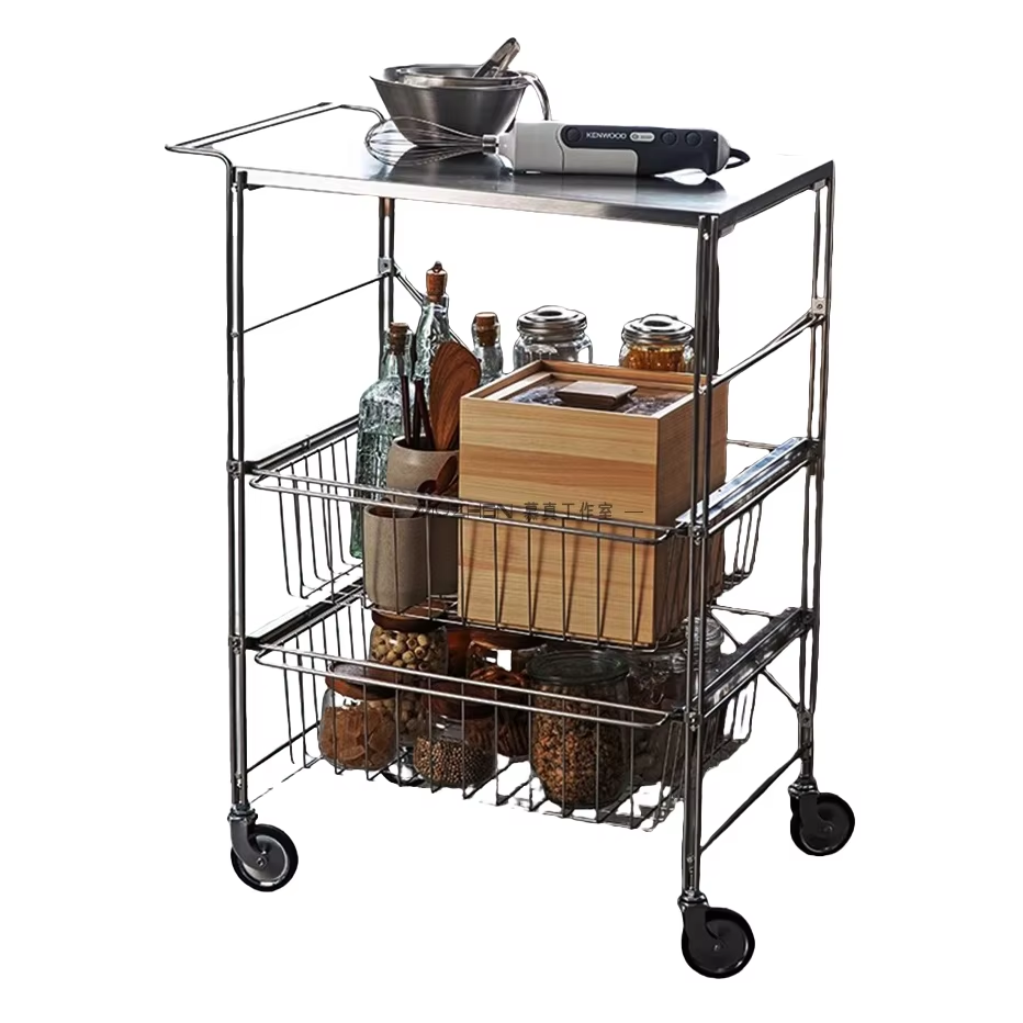 Stainless Steel Movable Trolley with Wheels - Heavy Duty Kitchen Utility Cart Commercial Grade Service Cart for Storage