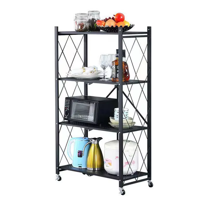 Four Layer Black Baked Paint Heavy-duty Wire Mesh Storage Rack Foldable Wire Mesh Storage Rack Suitable for Kitchen and Bedroom
