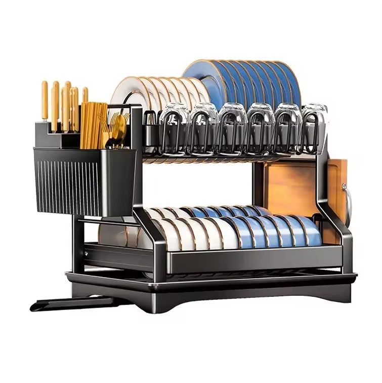 Household Kitchen Carbon Steel Double-layer Tableware Drying Rack Chopstick Knife Storage Rack Large Capacity Tableware Rack