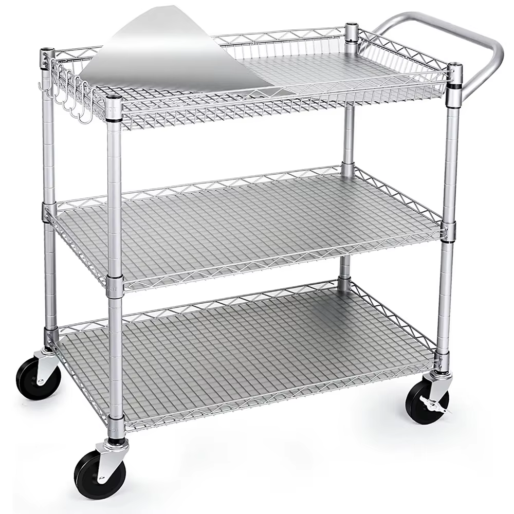 Commercial Grade Heavy Duty Utility Cart 990Lbs Capacity  3 Tier Wire Rolling Cart With Wheels Metal Service Carts With Handle