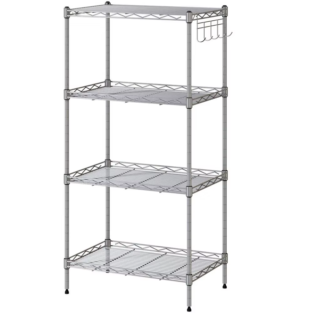 Heavy Duty 4-Layer Stainless Steel Wire Shelving Rack with 5 Hooks for Kitchen Pantry & Office Organization