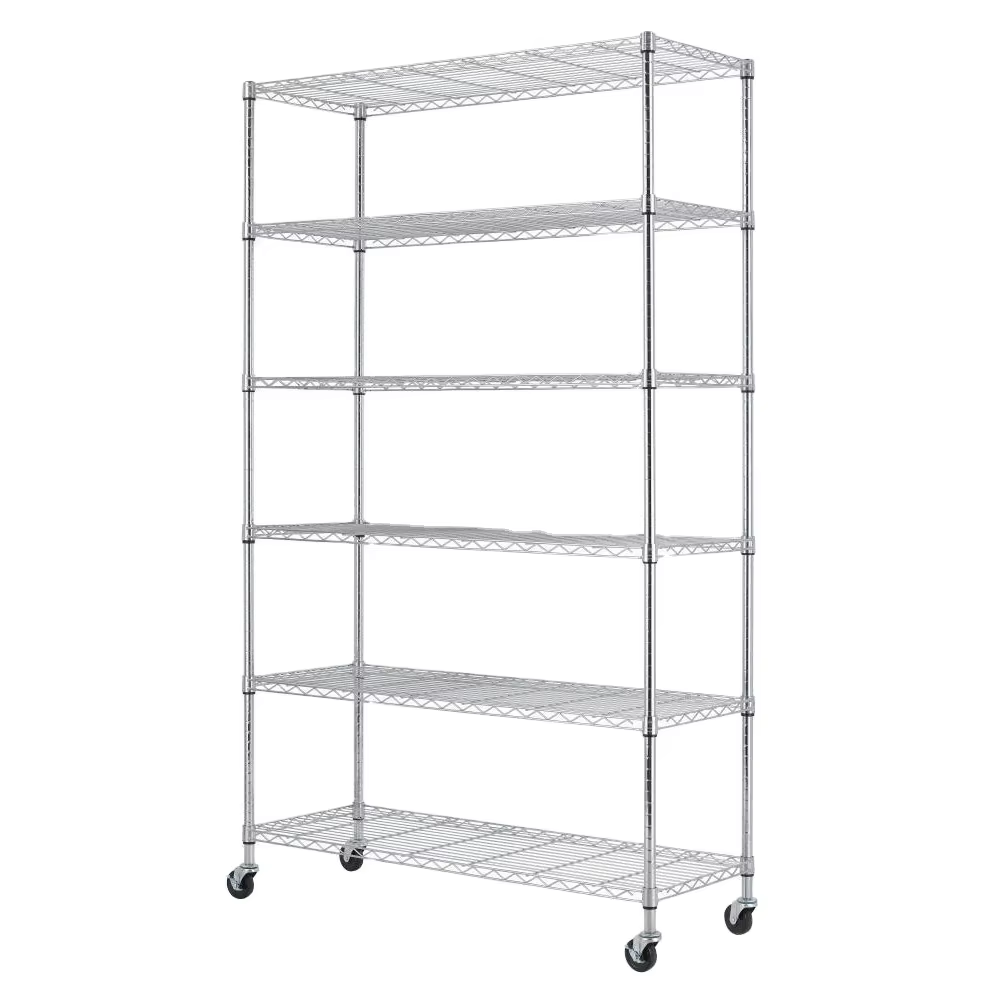 Movable Wire Shelf for Restaurant Garage Kitchen Pantry Commercial Rack Chrome 6-Tier Storage Shelves on Wheels