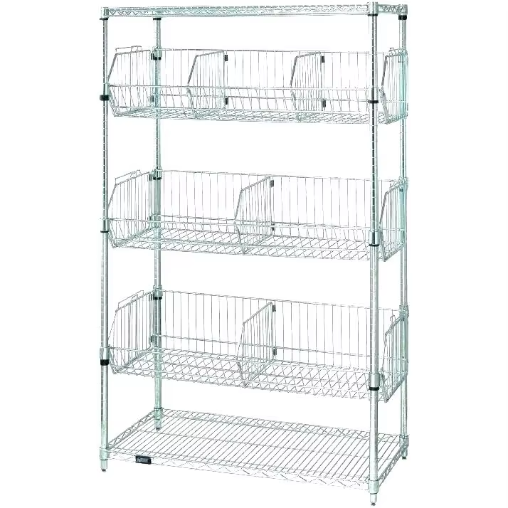 Commercial Grade Silver Chromium Metal Wire Mesh Basket Shelving Unit Heavy-duty 4-layer Shelving for Warehouse/retail Use