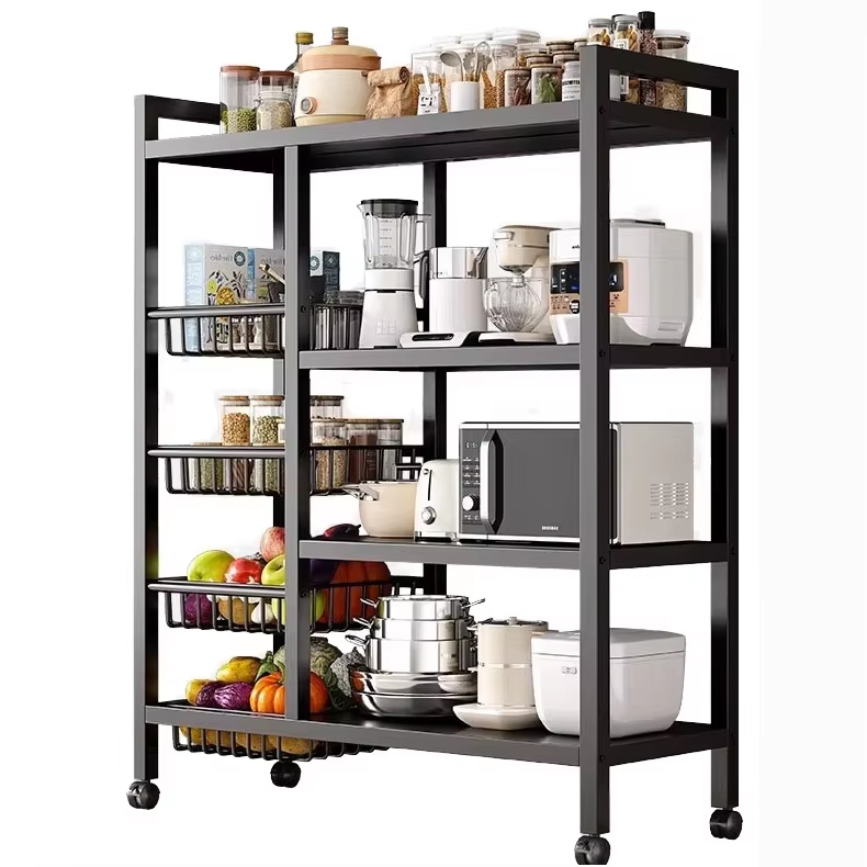 Heavy-Duty Stainless Steel Adjustable Kitchen Storage Rack Multi-Purpose Kitchen Storage Rack Trolley with Casters for Pantry