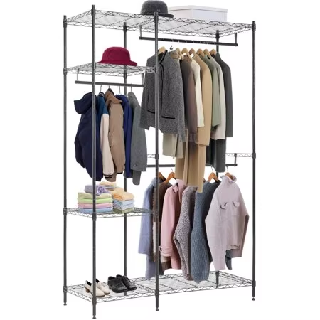 Commercial-Grade Black Metal Hospitality Coat Rack with Adjustable Shelves & Customizable Hooks Hotel/Restaurant Use