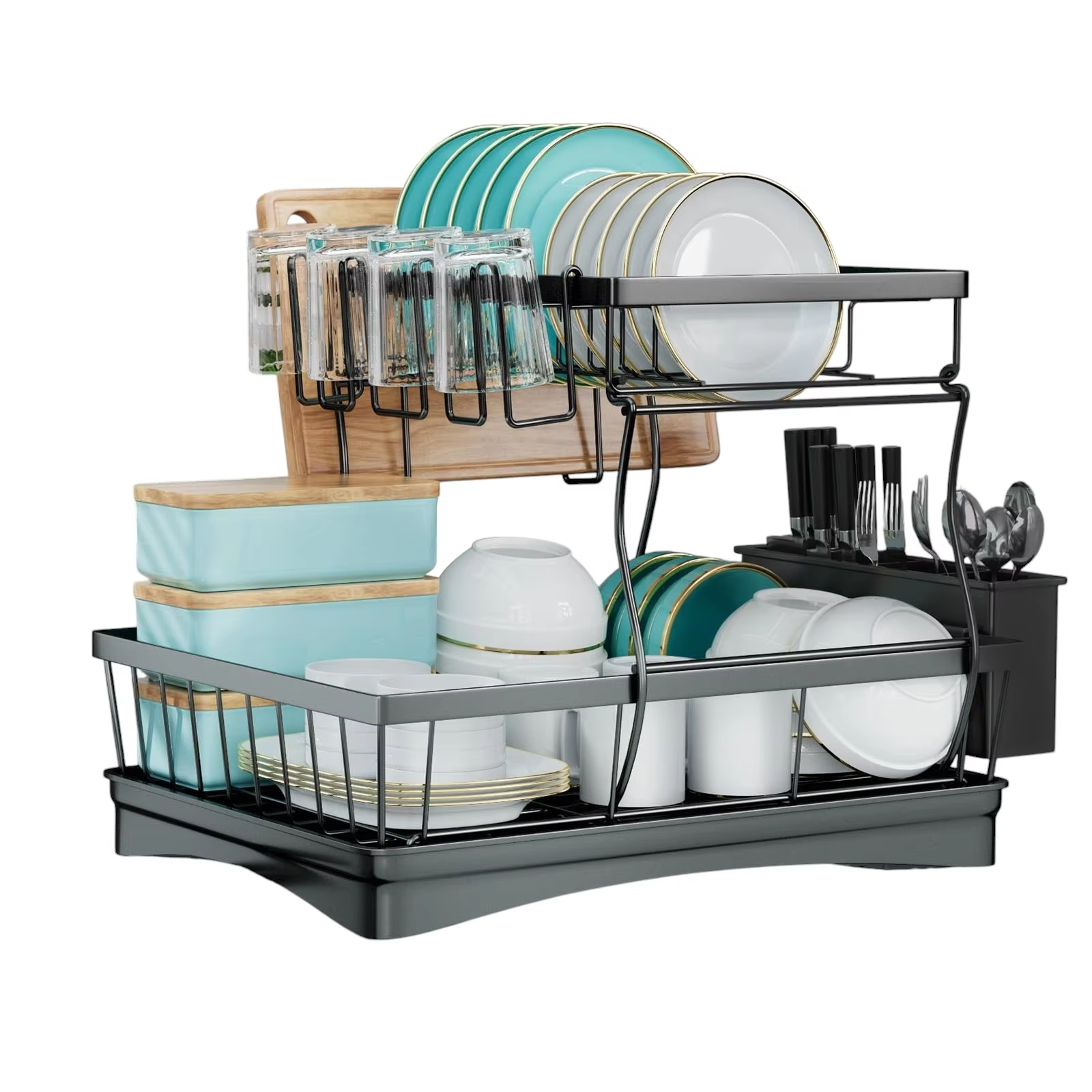 2-layer Large Capacity Stainless Steel Utensil Drying Rack for Kitchen Countertops with Utensil Holders