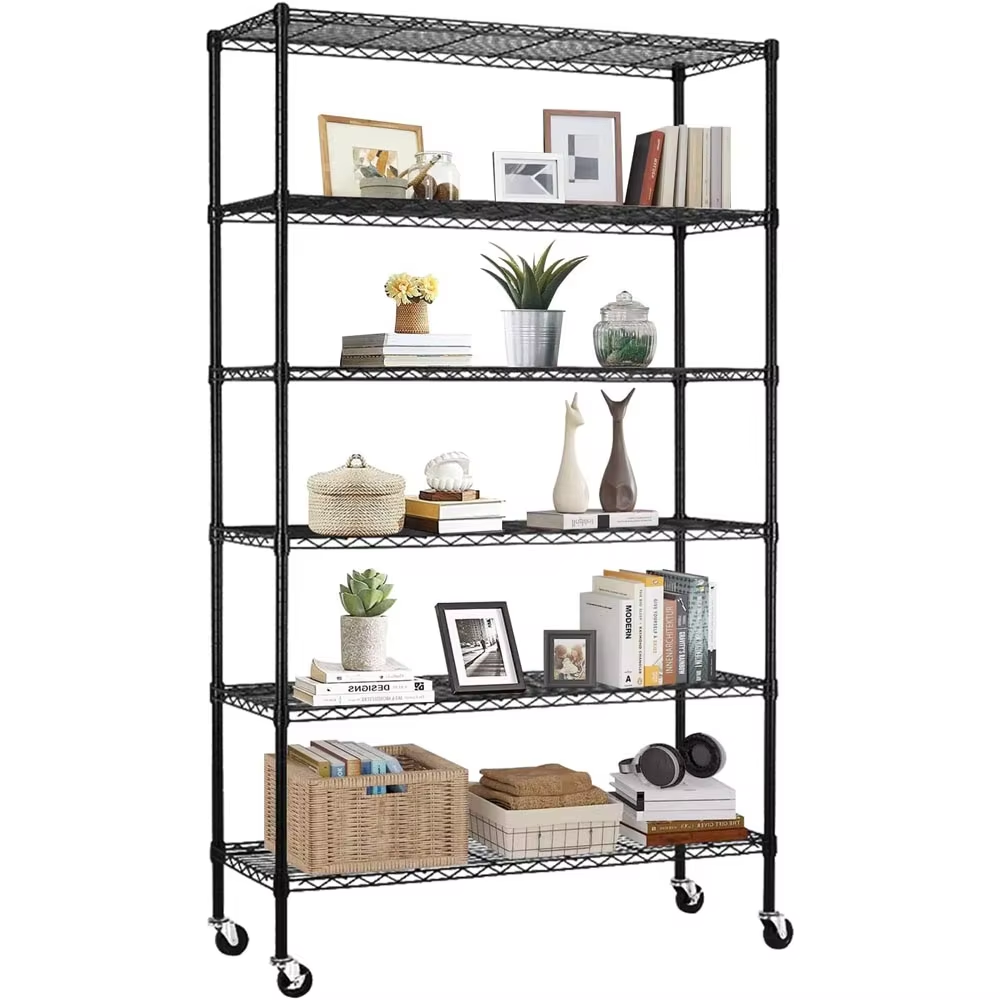 Commercial-Grade Mobile Steel Wire Shelving Unit - 6 Adjustable Tiers High Weight Capacity for Retail Store Organization