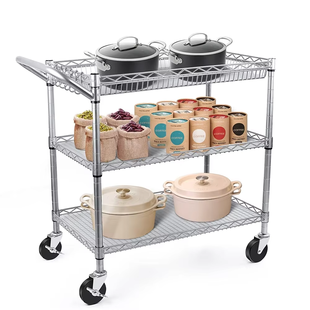 Three Layer Chrome Plated Wire Mesh Storage Rack with Locking Wheels and Adjustable Height Suitable for Garage Kitchens