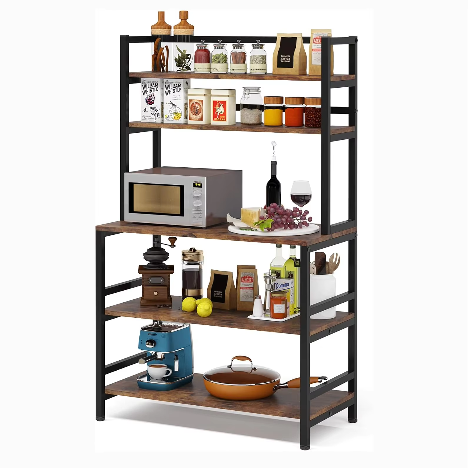 Stainless Steel 5-Tier Kitchen Shelf with Non-Slip Mats & Towel Hooks Heavy Duty Pantry Storage for Spices & Cookware Wire Rack