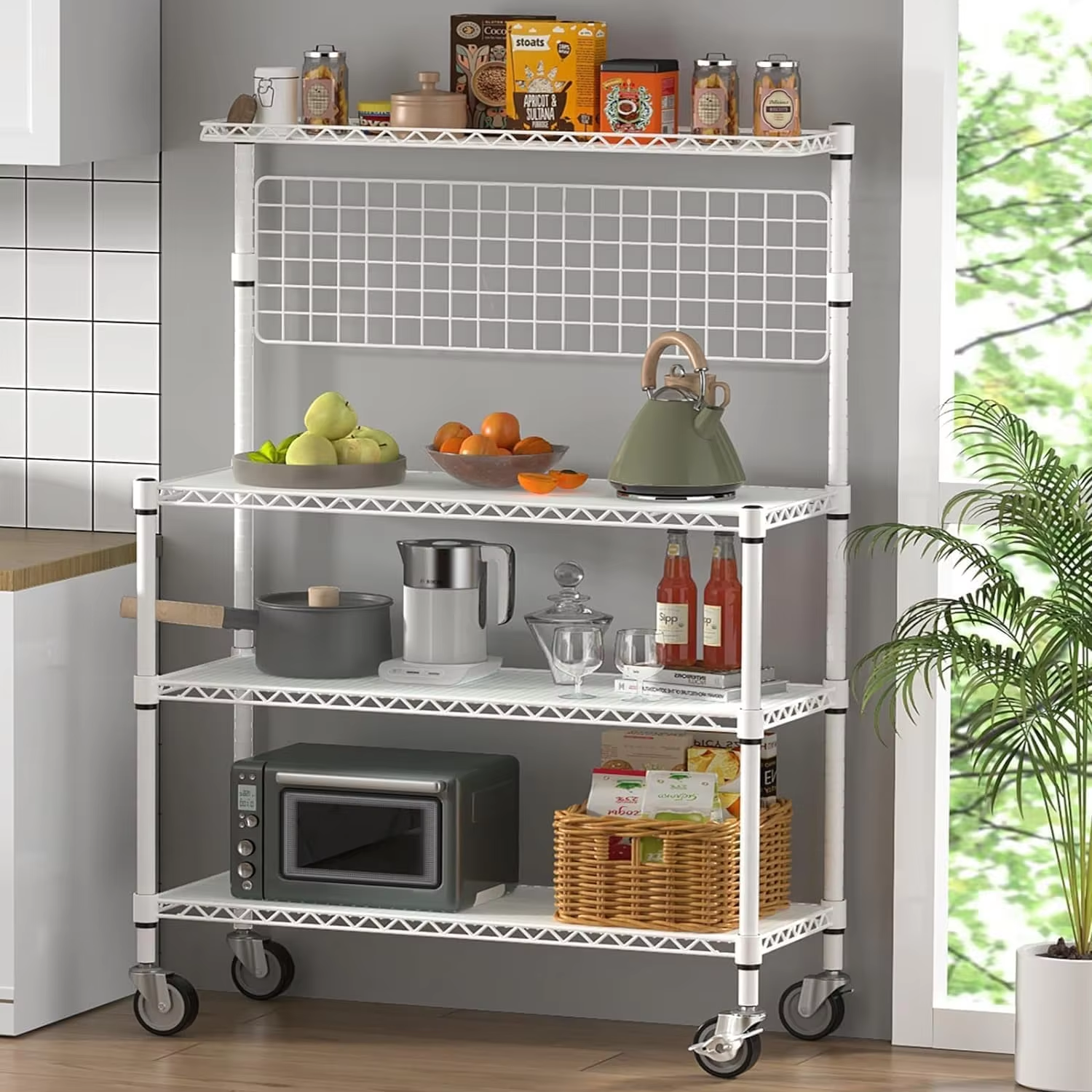 4 Layer Fruit and Vegetable Display Rack With Wheels and Grid Pieces Suitable for Kitchen Bedroom Living Room Wire Shelving