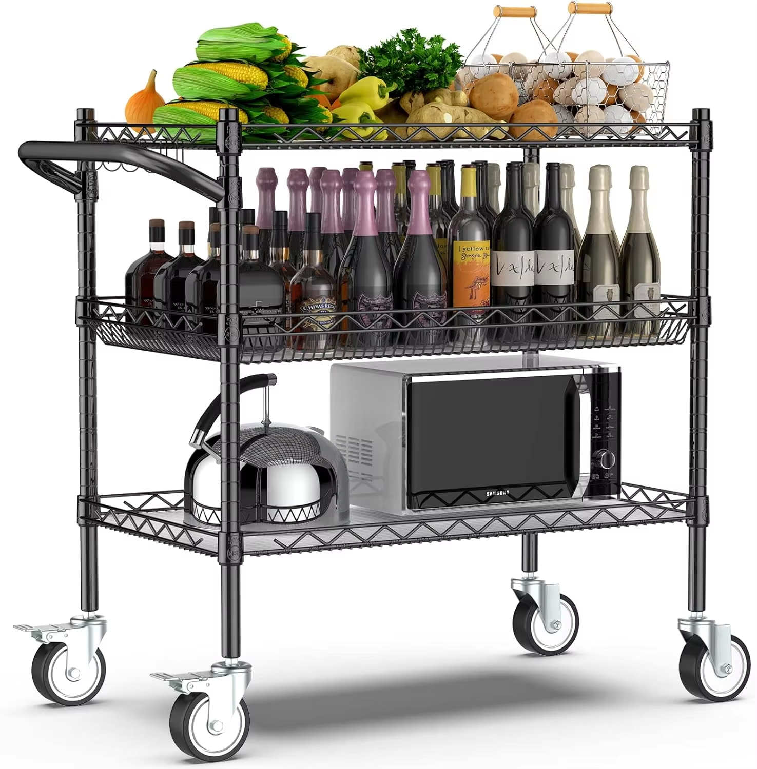 3-layer NSF Commercial Grade Metal Cart With Wheels and Handle Suitable for Serving Restaurants and Plant Displays As a Handcart