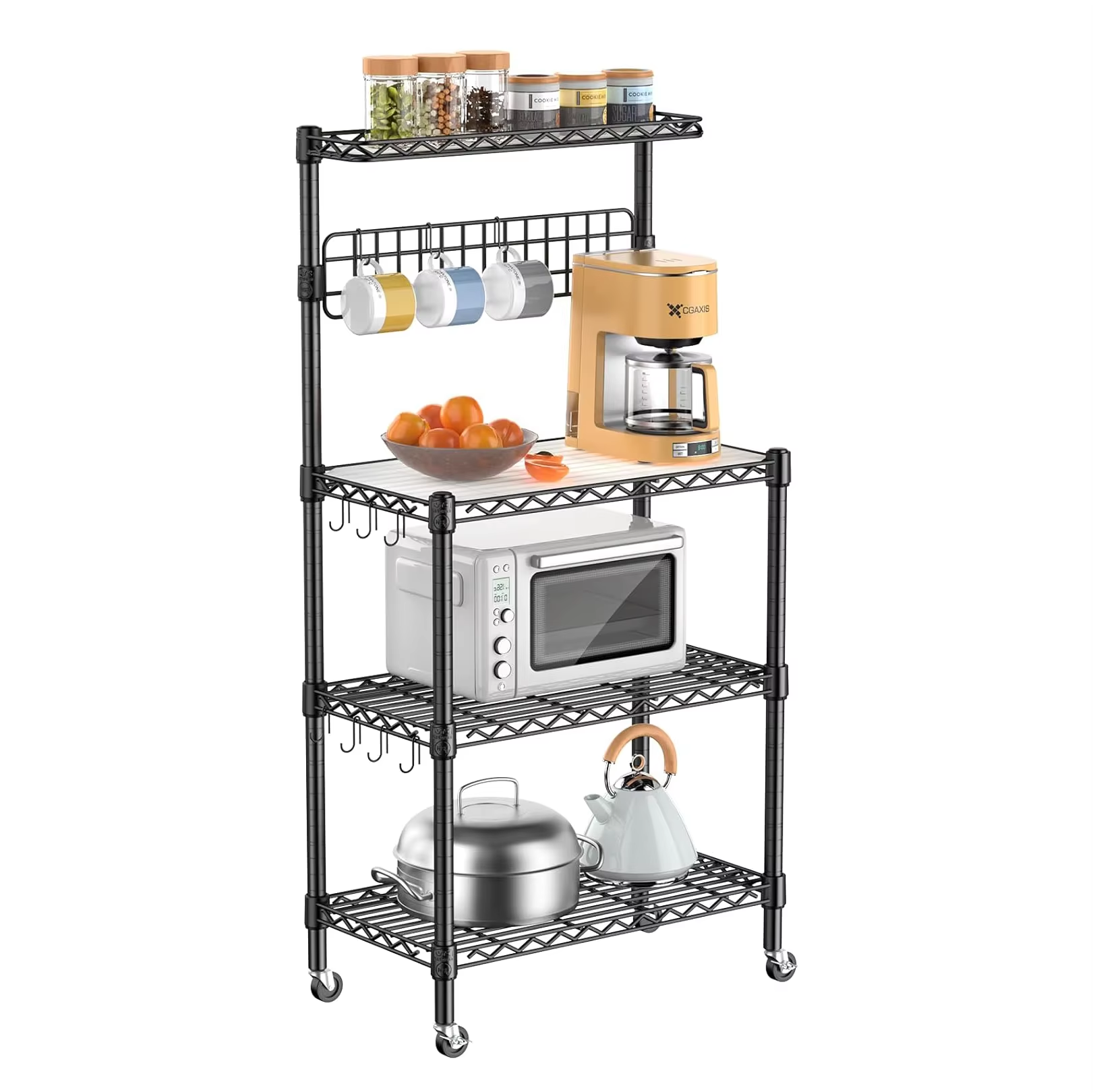 Bread Rack With Storage Space in the Kitchen 4-storey Adjustable Coffee Rack With Wheels Metal Storage Rack in the Kitchen Black