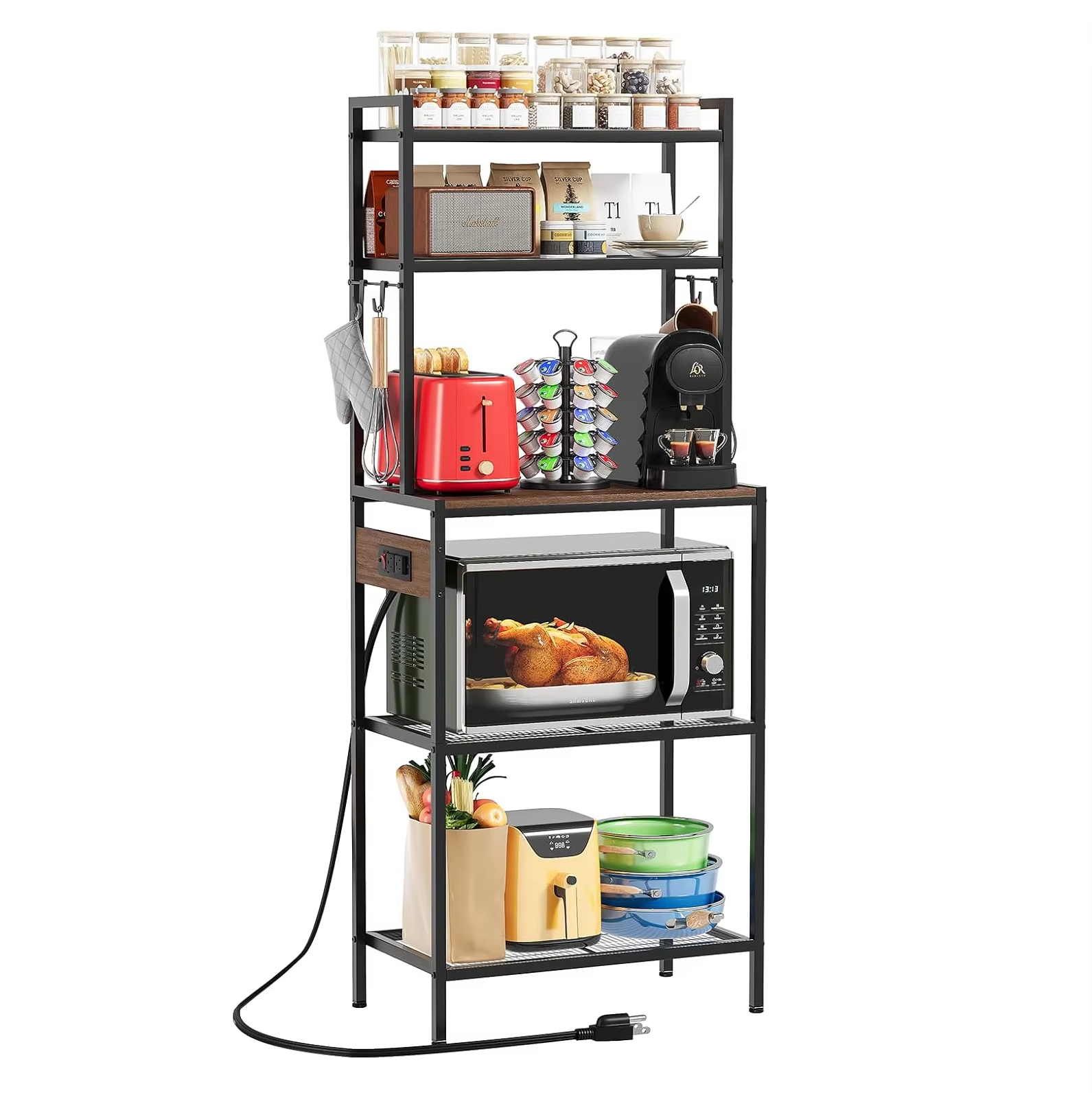 Multi Functional Metal Storage Rack with Practical Wooden Boards and Hooks on Both Sides Suitable for Kitchen and Bedroom Use