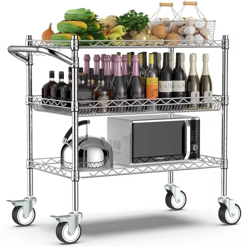 NSF Certified Commercial Grade Heavy Duty Stainless Steel Rolling Utility Cart with Adjustable Handle Hotel Kitchen Wire Rack