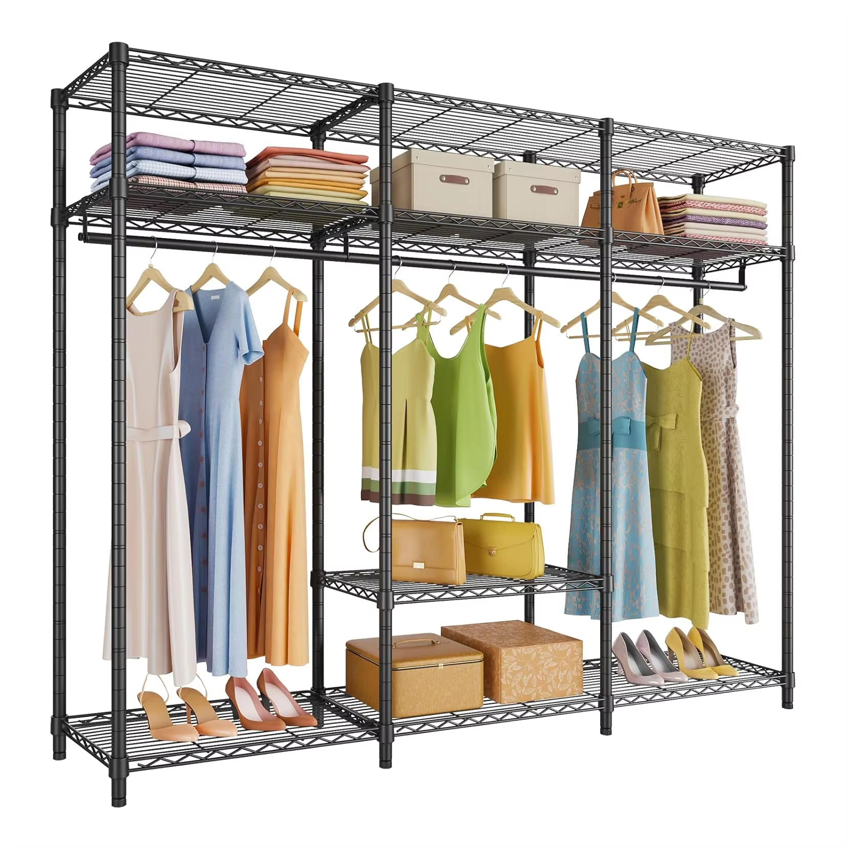 Multi Functional Clothes Rack Portable Wardrobe Large Capacity Wardrobe with Rack and Storage Mesh Easy to Assemble Black