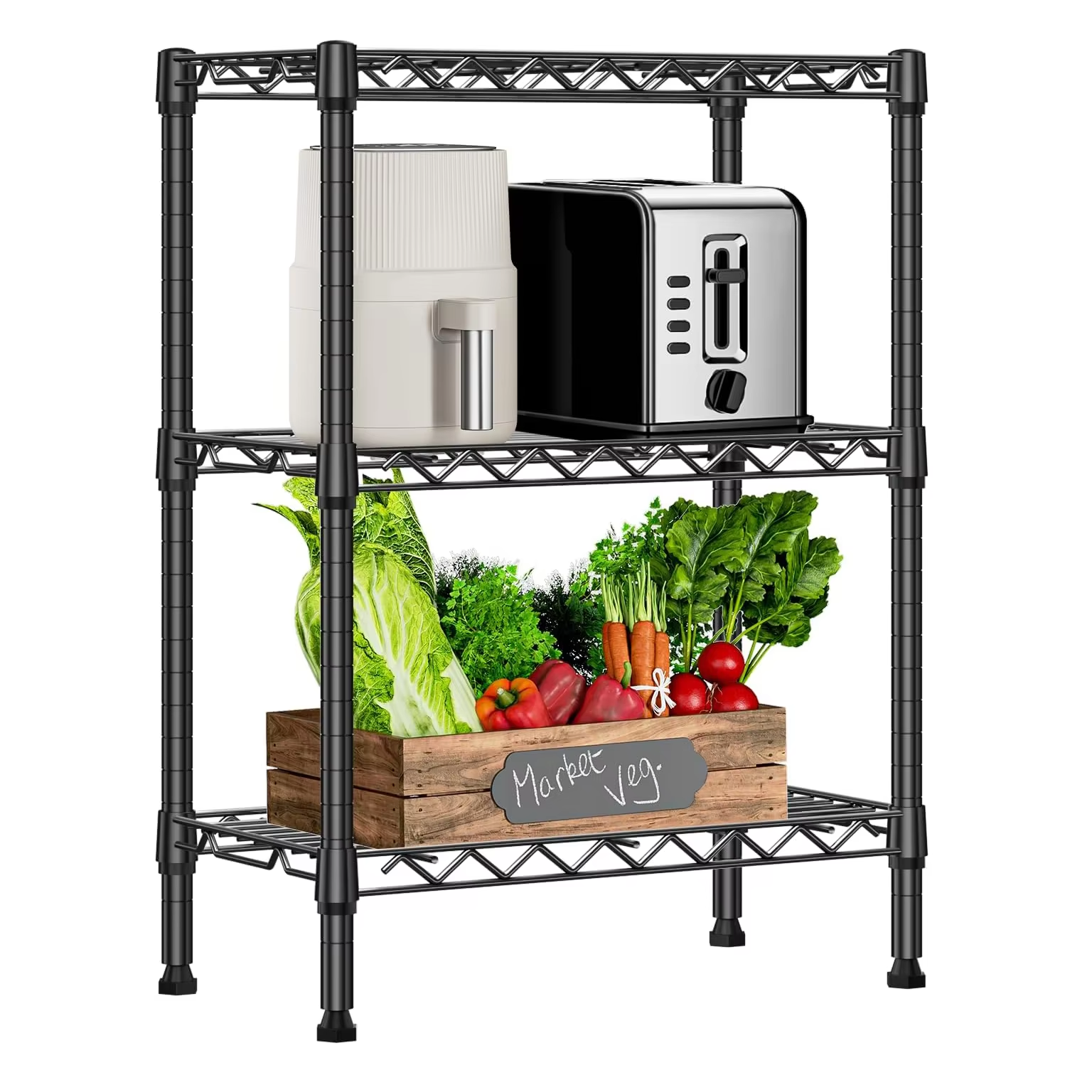 Modular 3-Tier Chrome Wire Mesh System 24x18x35in Commercial-Grade Storage Rack for Kitchen Organization & Adjustable Shelving