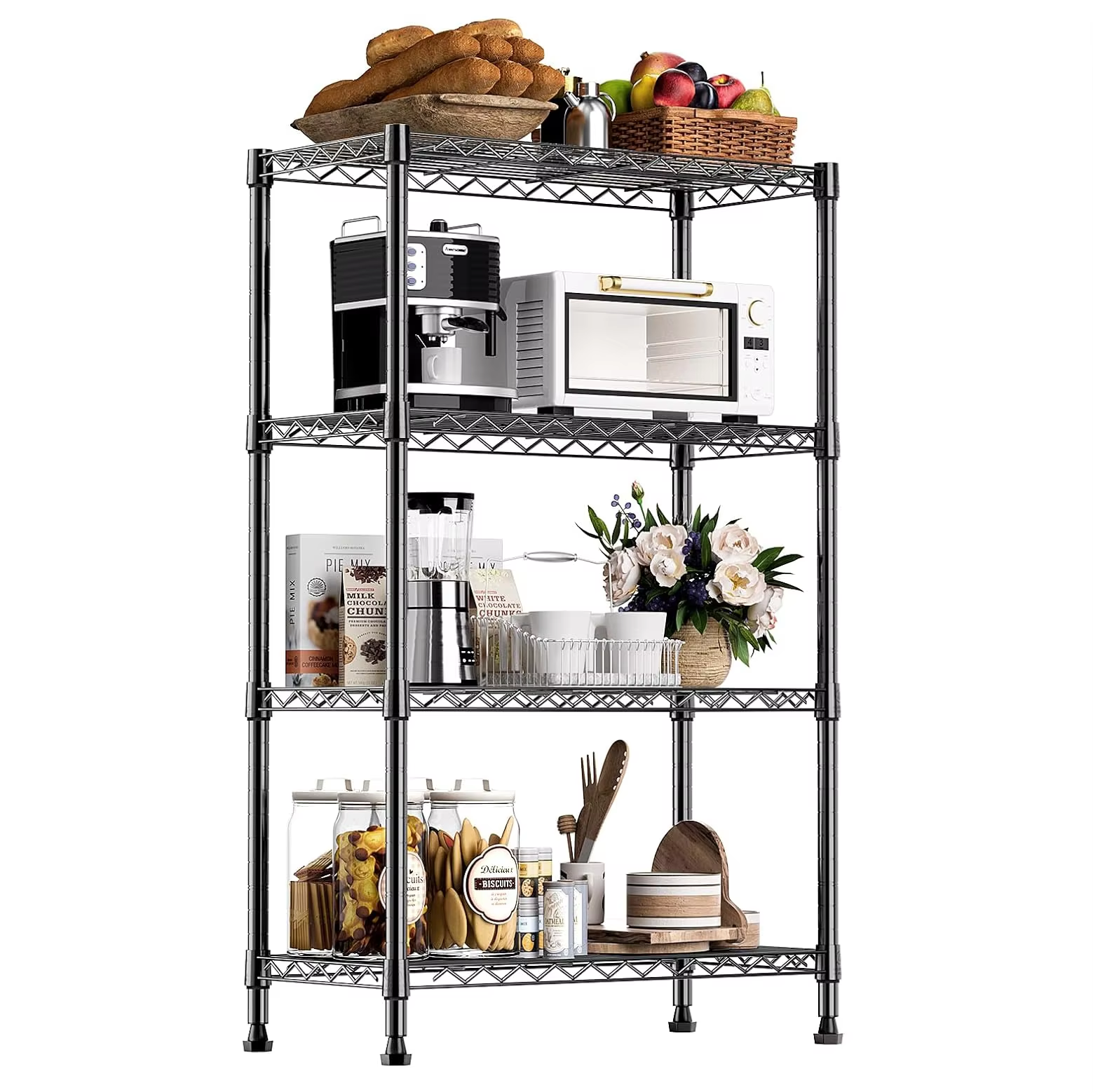 Commercial-Grade 304 Shelving System 36x18x48in Heavy-Duty 4-Tier Kitchen Rack with Adjustable Hooks for Food Prep & Wire Rack