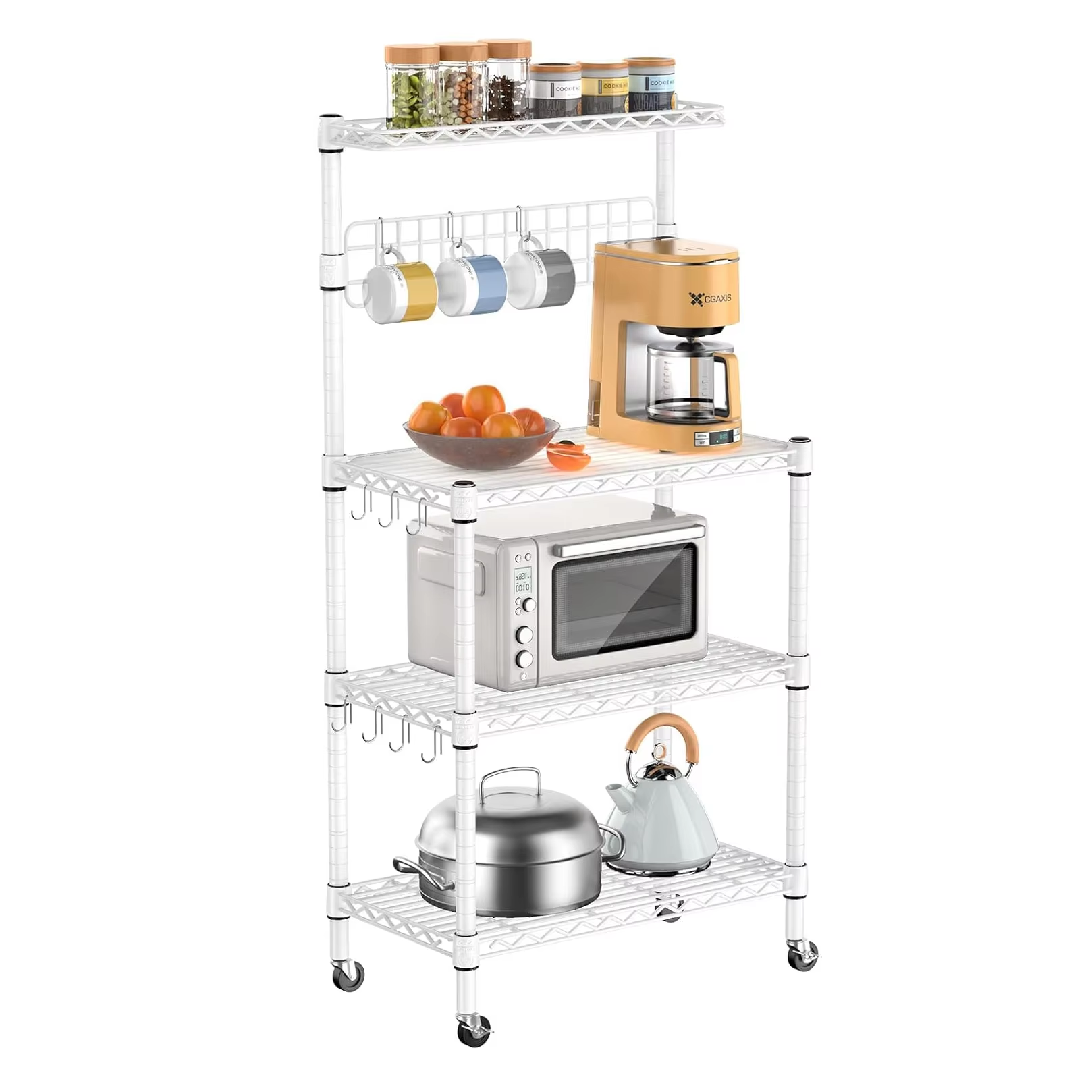 Kitchen Microwave Rack With Storage 4-storey Adjustable Bread Rack With 10 S-hooks on Wheels Metal Storage Rack White