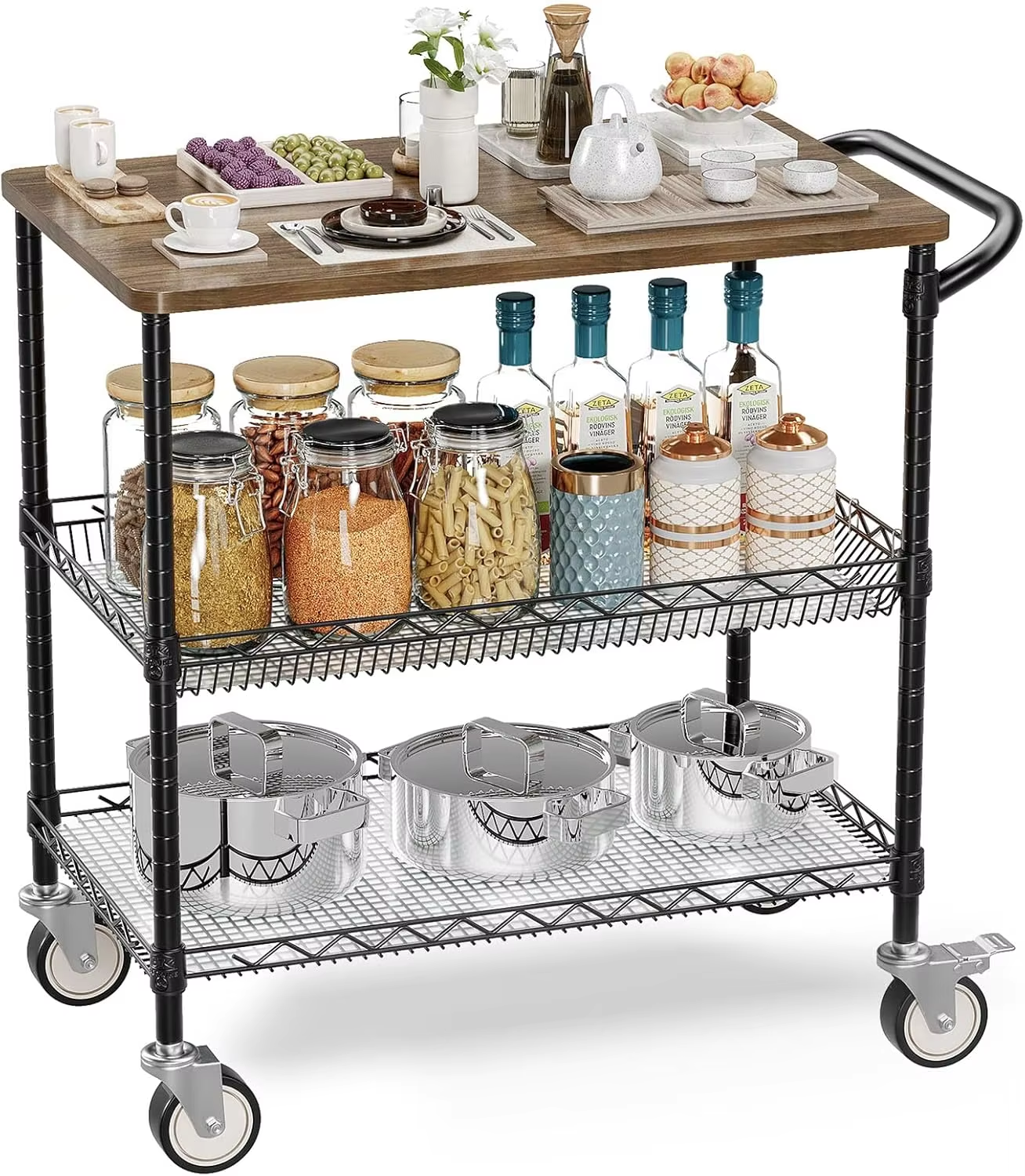 Industrial Utility Cart 30x18x36in Heavy-Duty Rolling Tool Cart with 360° Wheels & Multi-Level Tray for Warehouse Logistics