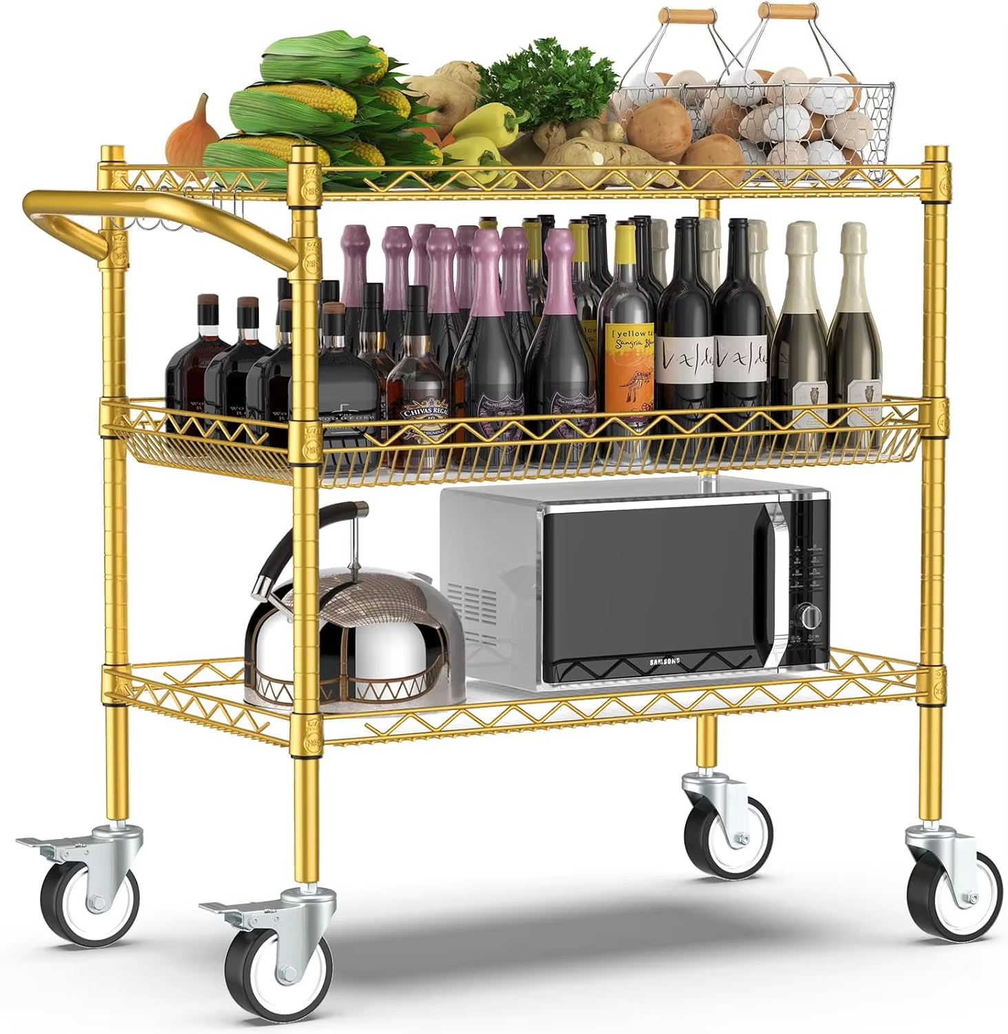 3-layer Rolling Cart with Wheels Practical bar Cart with Handle and Shelf Pad Suitable for Kitchen and Dining Room Gold Color