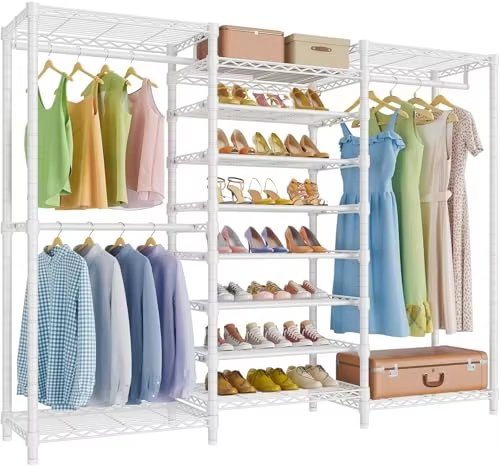 Commercial-Grade Modular Garment Rack System 54x21x70in White Steel Mesh Frame with Adjustable Panels for Wardrobe & Wire Shelf