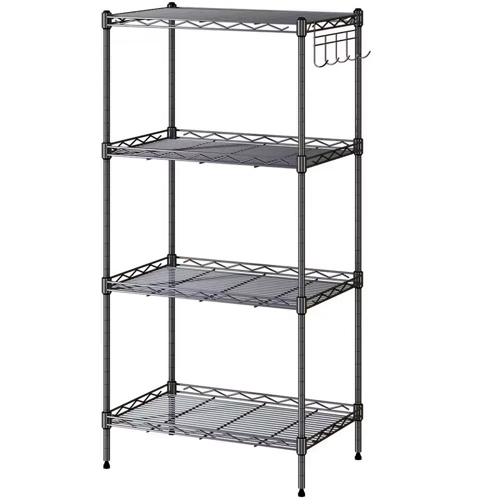 4-Tier Stainless Steel Kitchen Organizer Rack with Hooks Adjustable Food Storage Shelves for Cabinet/Dish/Spice Metal Rack