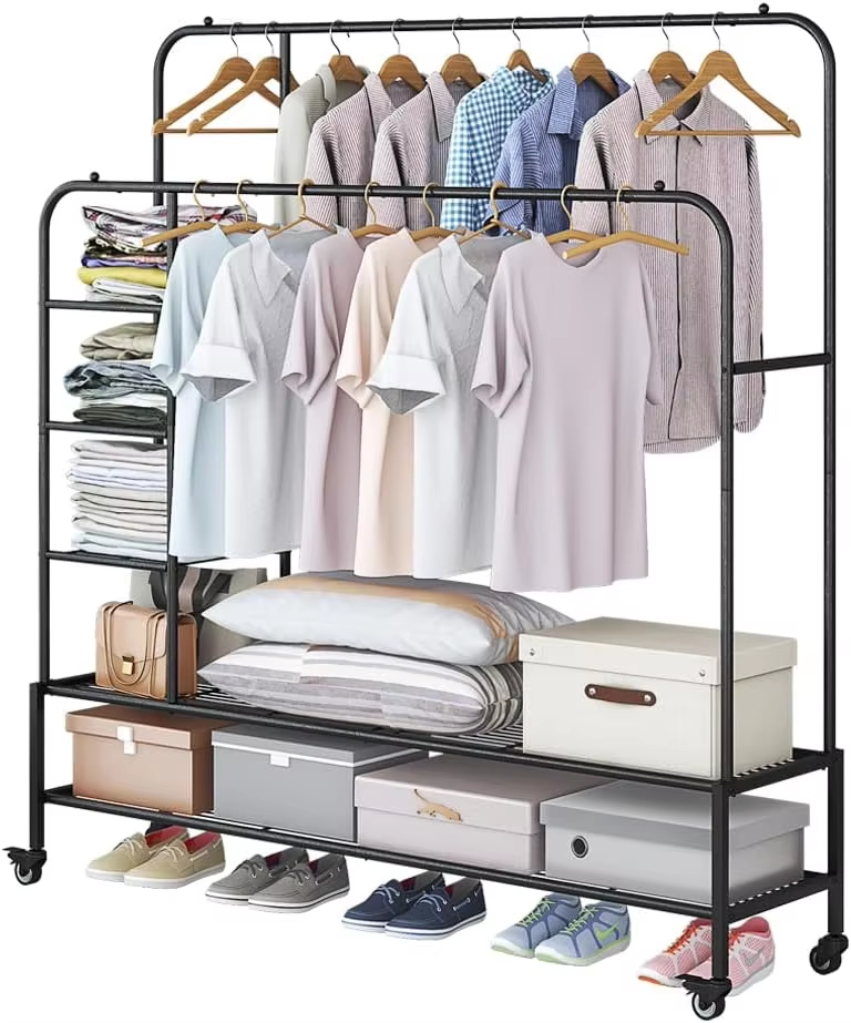Five - Layer High-and - Low - Tier Clothes Drying Rack a Stainless Steel Double - Layer Hanger With Wheels and a Wire Mesh Shelf