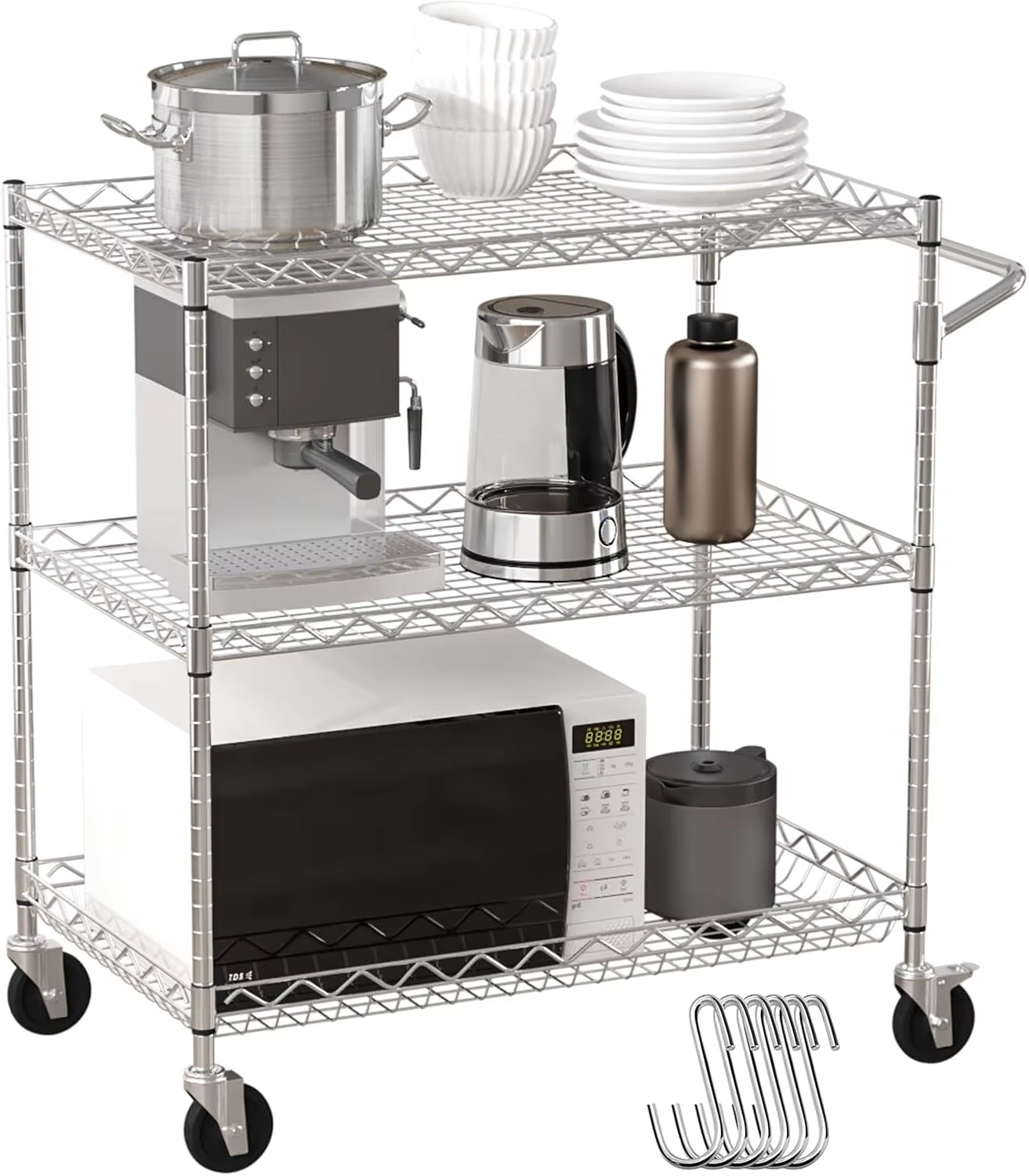 Adjustable Metal Wire Storage Trolley with Silent Wheels Kitchen Organizer Shelf Rack24x16x32Inch Heavy Duty Steel Shelving Unit