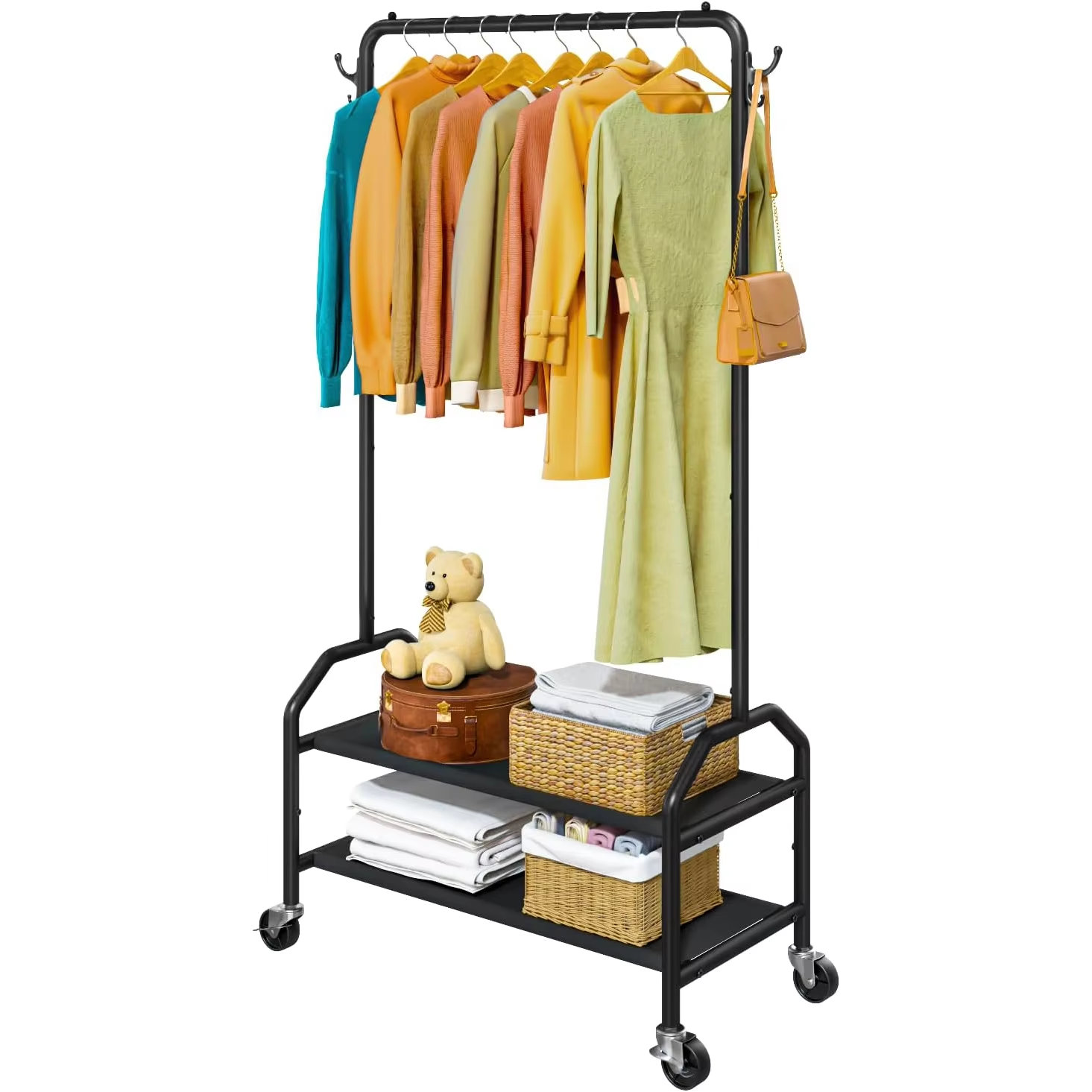 Durable Black Metal Clothing Rack with Adjustable Shelves 14x36x70 Inch Storage Organizer for Hotel Bedroom Bathroom Wardrobe