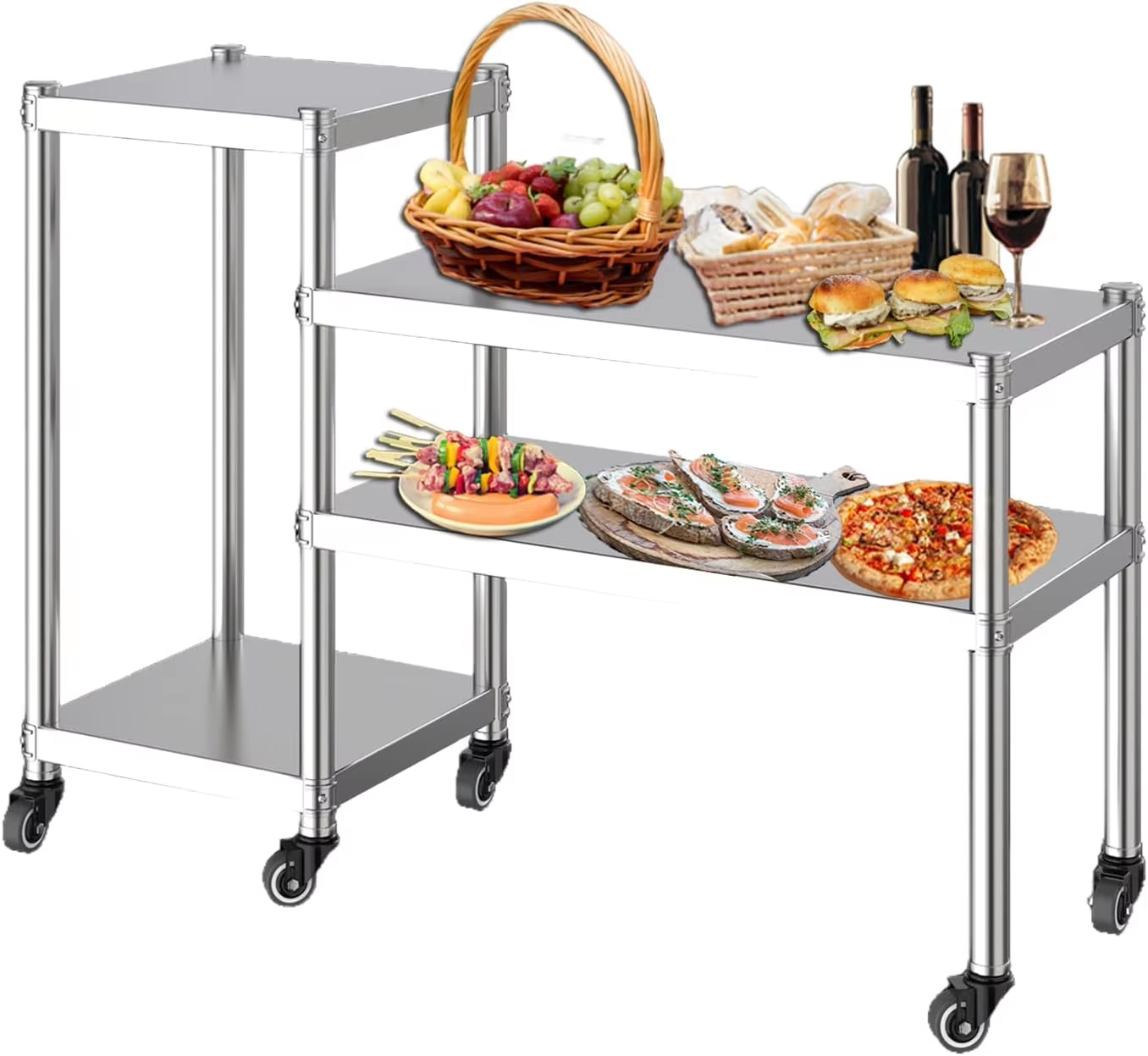 A Four-layer Heavy-duty Stainless Steel Workbench With Wheels Is Suitable for Kitchens Hotels Restaurants Bathrooms and Garages