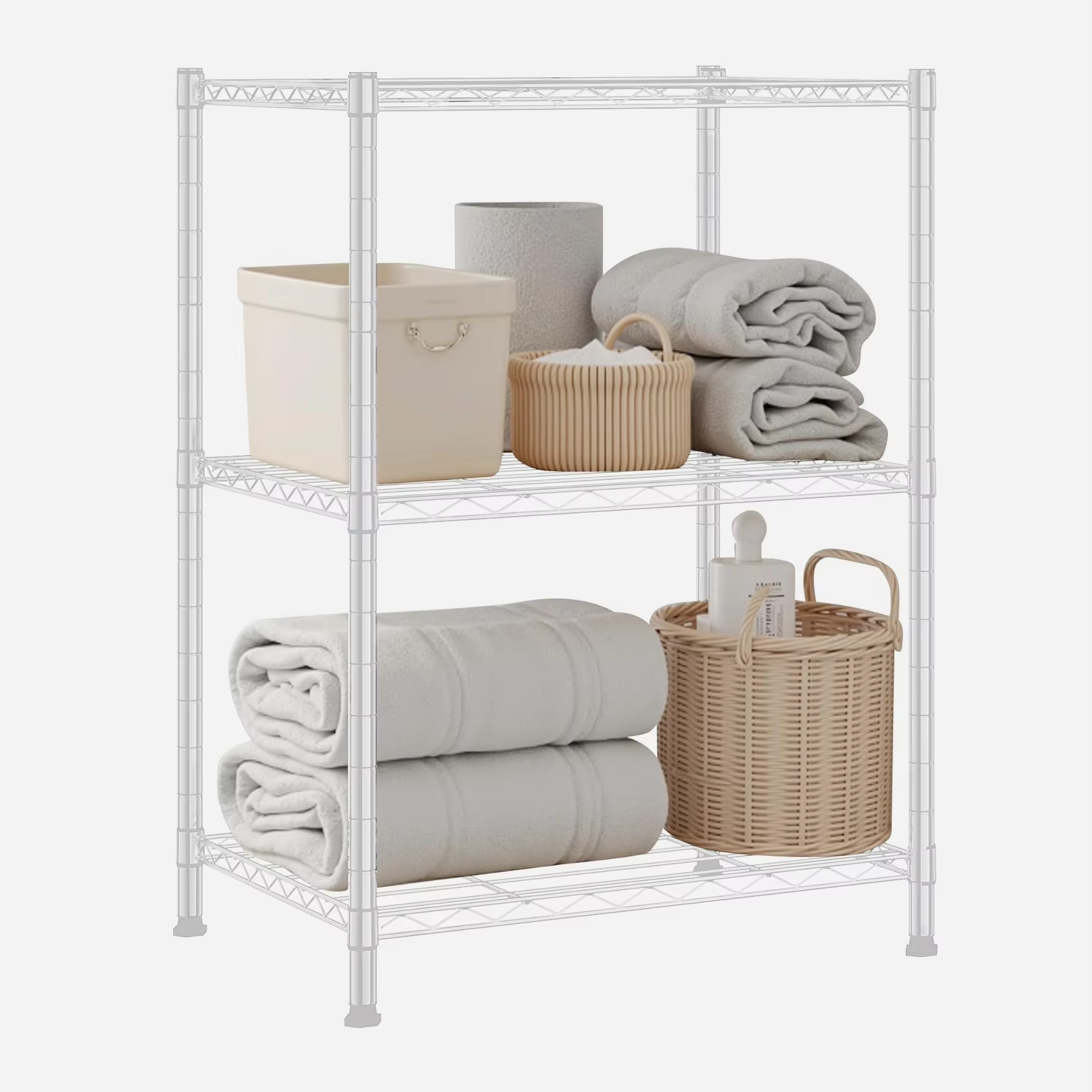 White Three - Tier Small Storage Rack a Metal Wire Frame Unit With Adjustable Storage Suitable for Bathrooms Laundries Kitchens