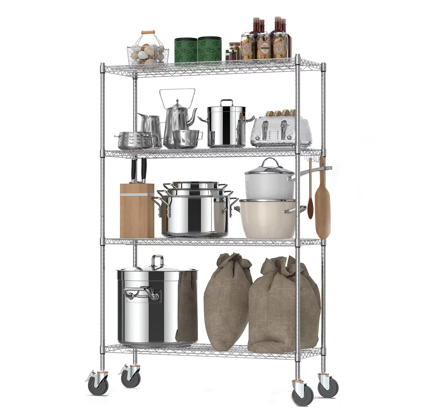 Commercial-Grade NSF-Certified Metal Tool Rack 48x24x72in 4-Layer Adjustable Storage Rack With Wheels for Kitchen & Wire Shelf